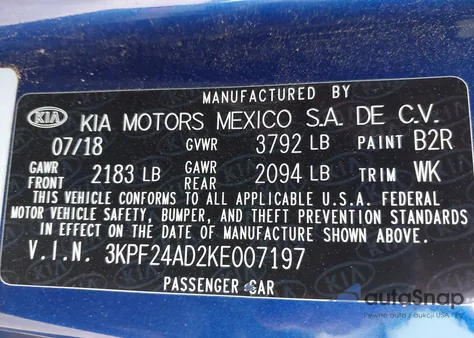 2019 Kia Forte Lxs z USA, uszkodzony, nr VIN 3KPF24AD2KE007197